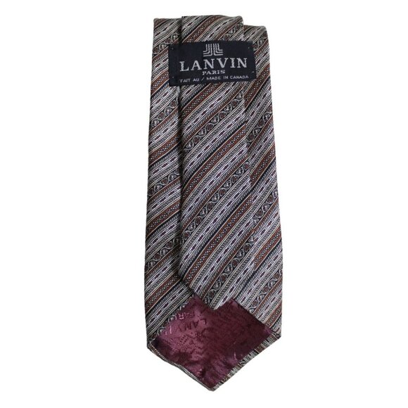 LANVIN PARIS Tie 100% Silk - Beige, Rust, Grey & Black Diagonal Stripes - Picture 6 of 6